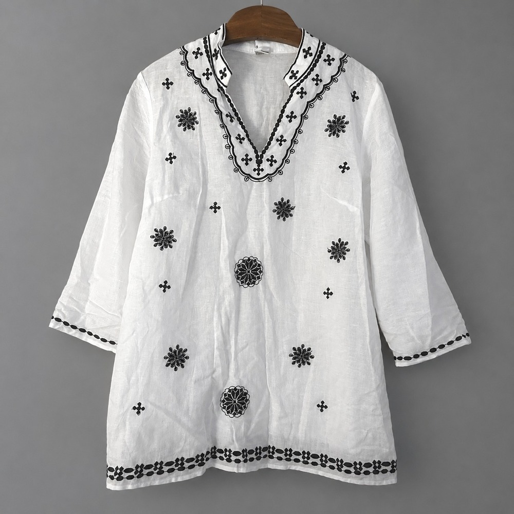 Susan Bristol Blouse Size XL Cotton Linen White Embroidered Boho Cottagecore